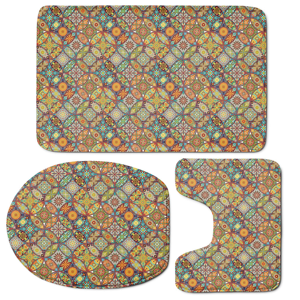 Ethnic Mandala Patchwork Pattern Print 3 Piece Bath Mat Set