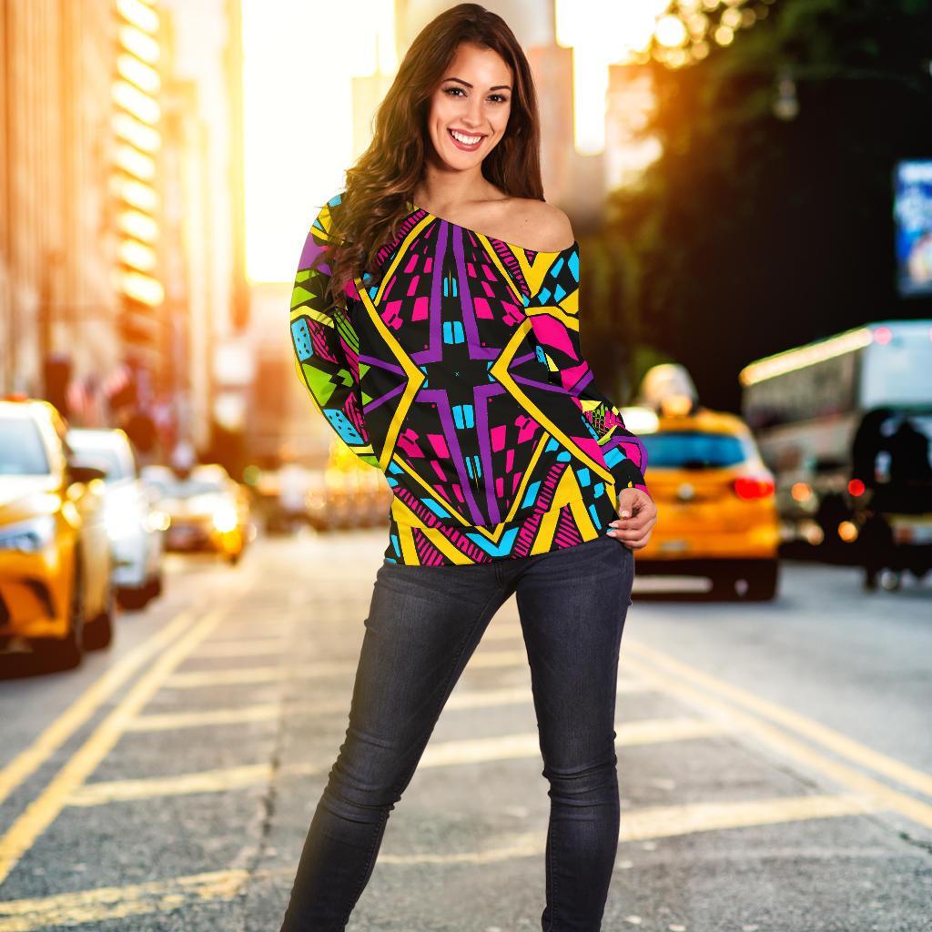 Ethnic Psychedelic Trippy Print Off Shoulder Sweatshirt GearFrost