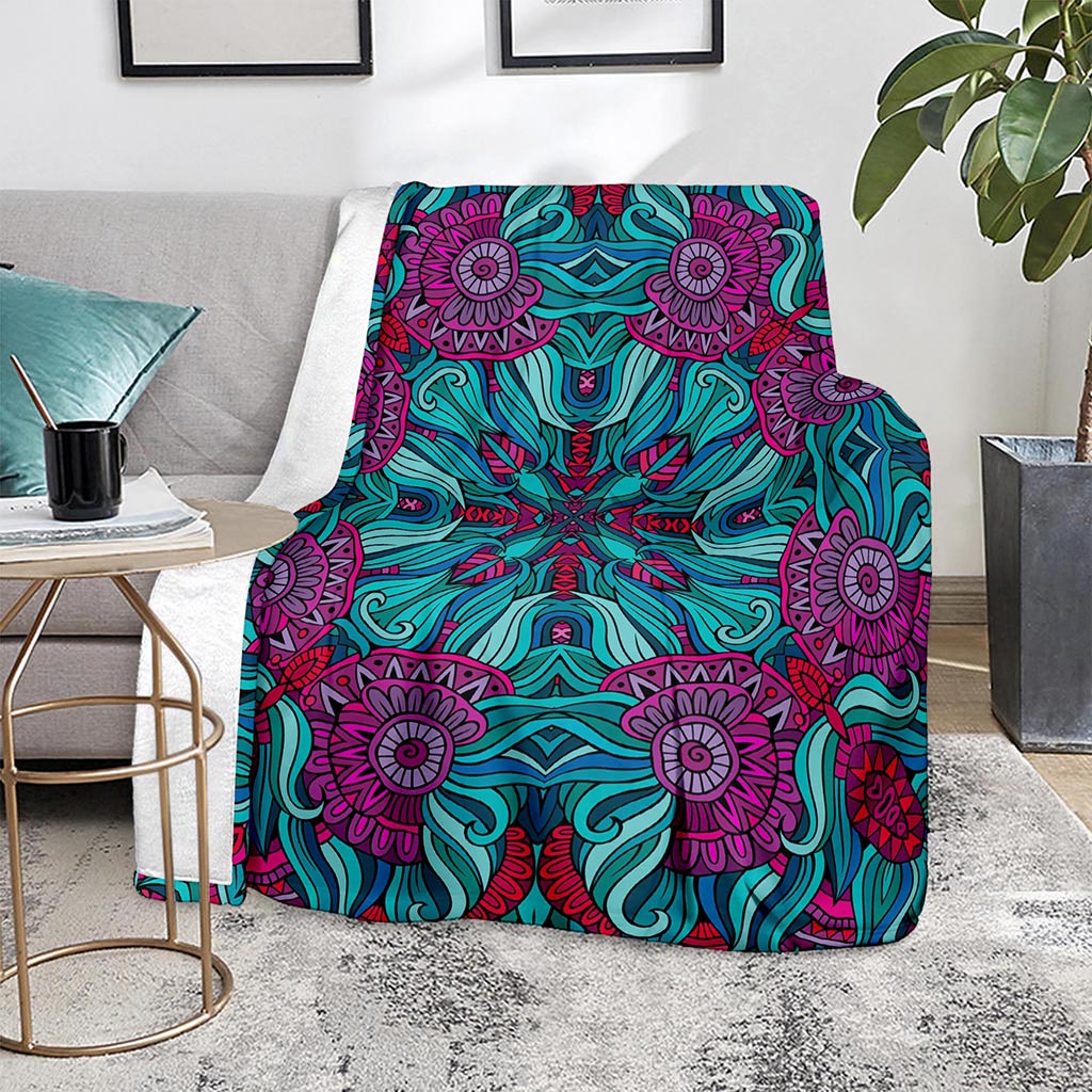 Ethnic Teal Bohemian Pattern Print Blanket