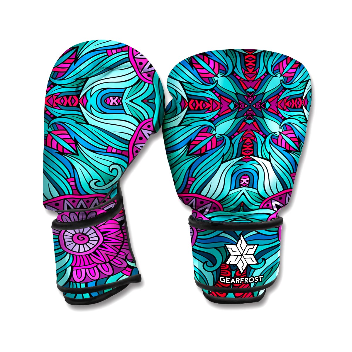 Ethnic Teal Bohemian Pattern Print Boxing Gloves