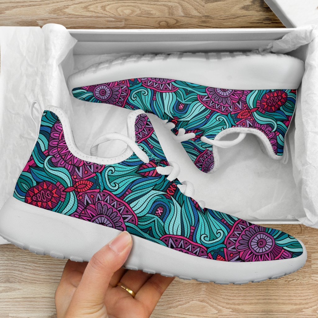 Ethnic Teal Bohemian Pattern Print Mesh Knit Shoes GearFrost