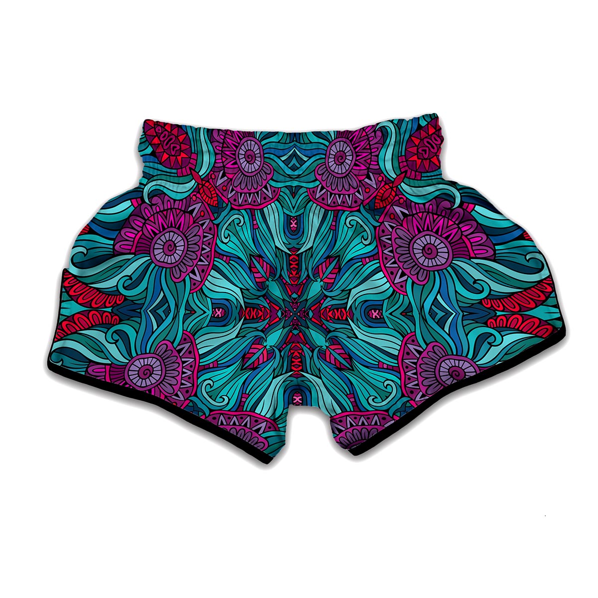 Ethnic Teal Bohemian Pattern Print Muay Thai Boxing Shorts