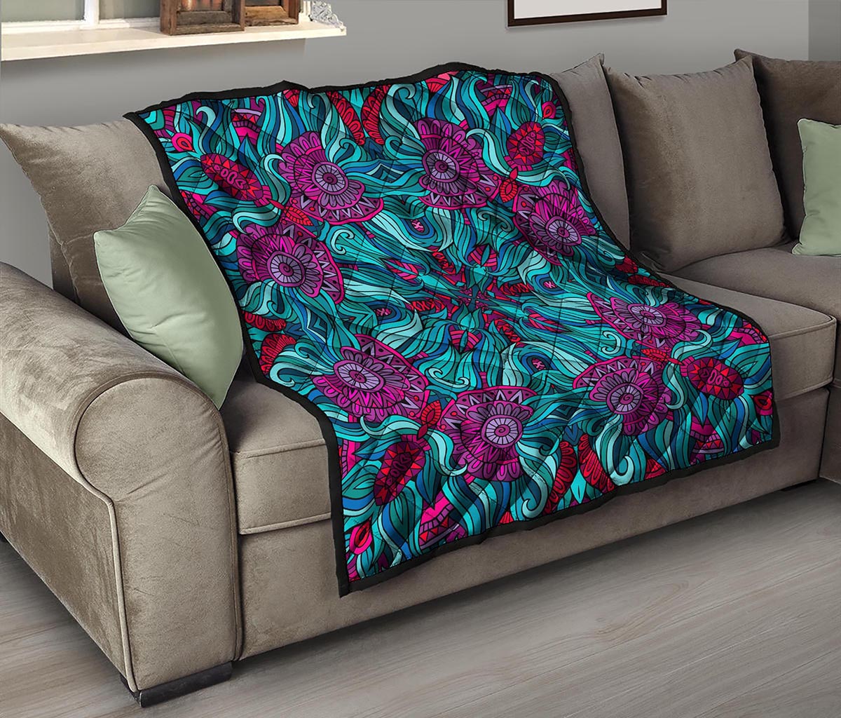 Ethnic Teal Bohemian Pattern Print Quilt