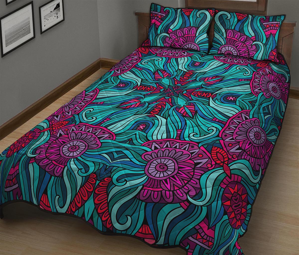 Ethnic Teal Bohemian Pattern Print Quilt Bed Set
