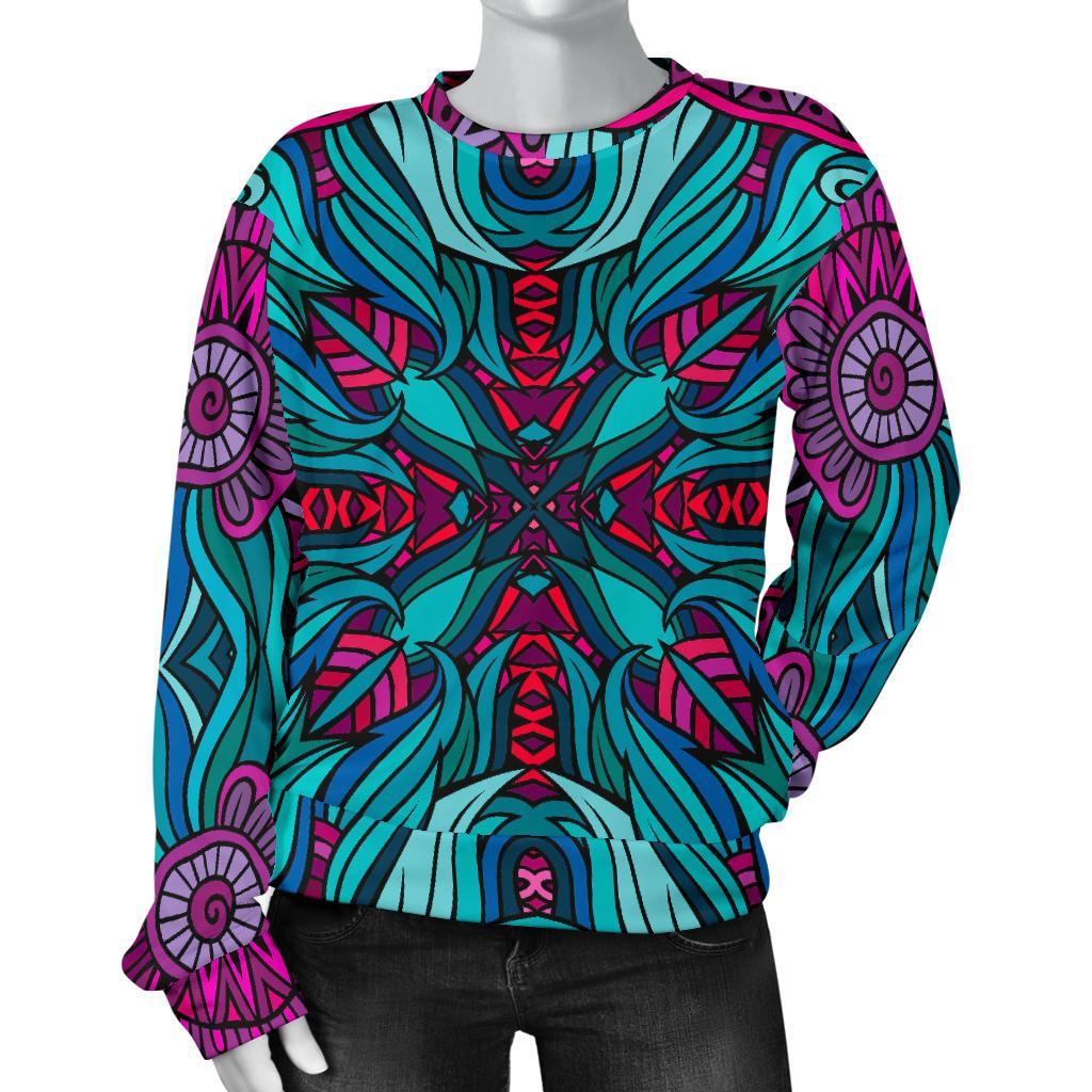 Ethnic Teal Bohemian Pattern Print Women's Crewneck Sweatshirt GearFrost