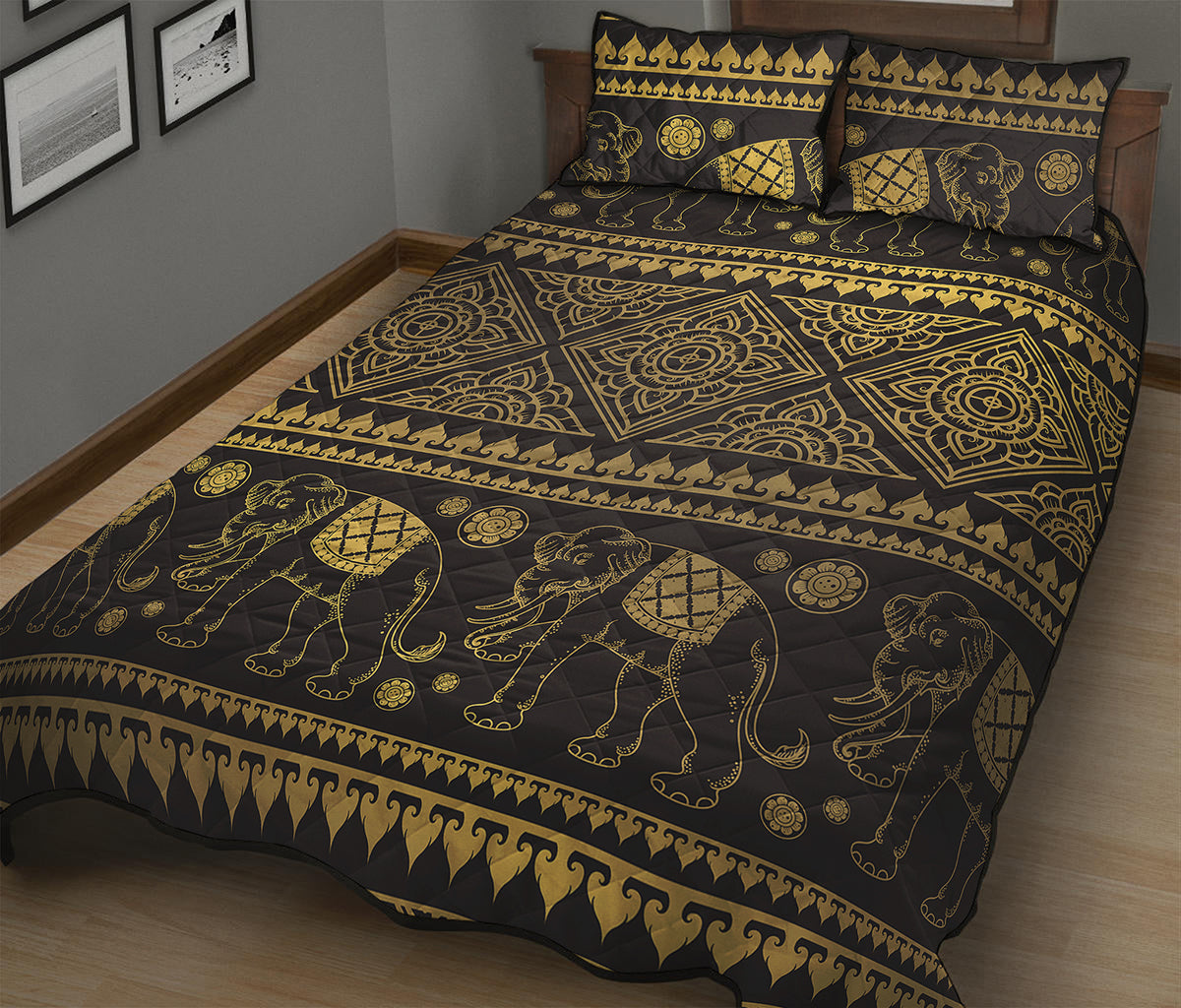 Ethnic Thai Elephant Pattern Print Quilt Bed Set