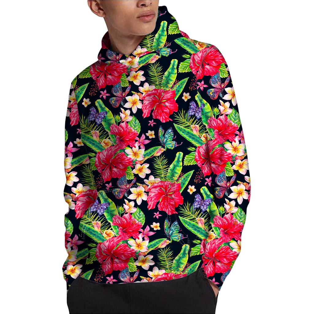 Exotic Hibiscus Flowers Pattern Print Pullover Hoodie