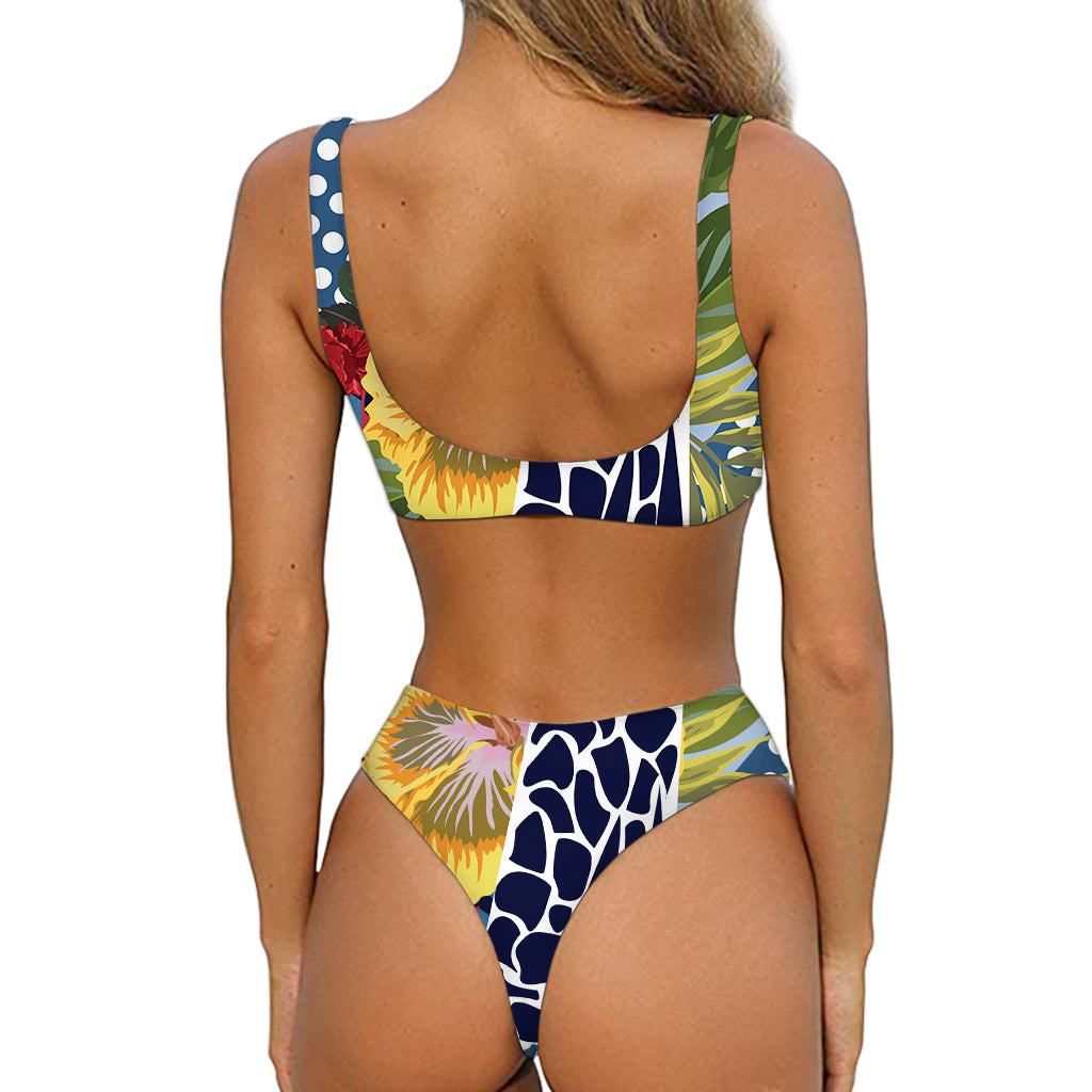 Exotic Patchwork Pattern Print Front Bow Tie Bikini