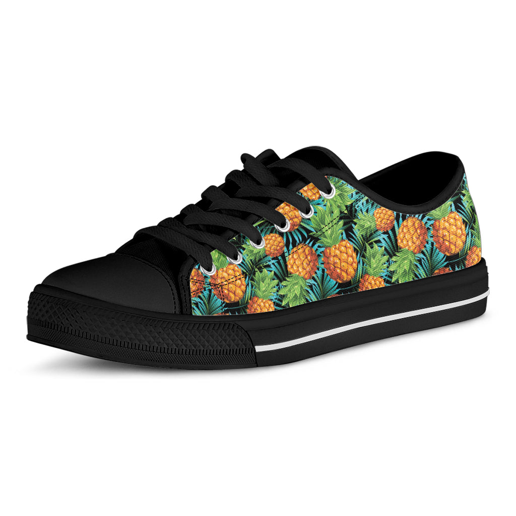 Exotic Tropical Pineapple Pattern Print Black Low Top Shoes