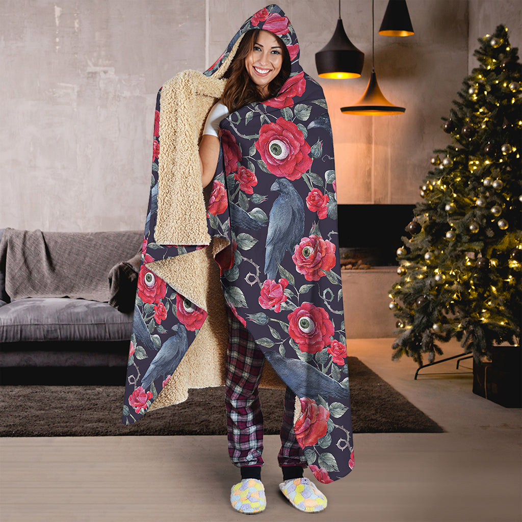 Eyeball Rose Pattern Print Hooded Blanket