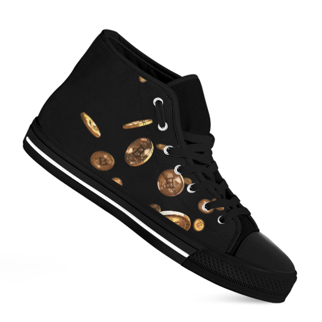 Falling Bitcoin Print Black High Top Shoes