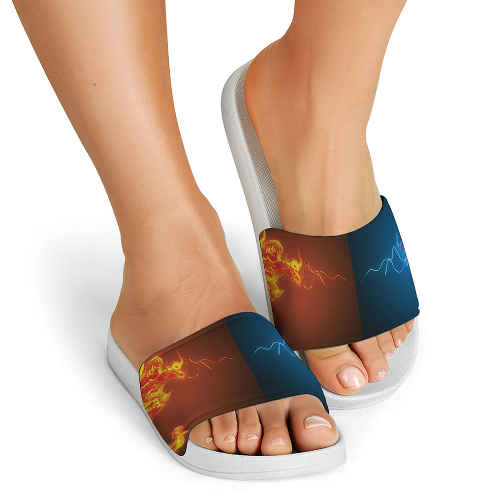 Fire And Ice Dragons Print White Slide Sandals