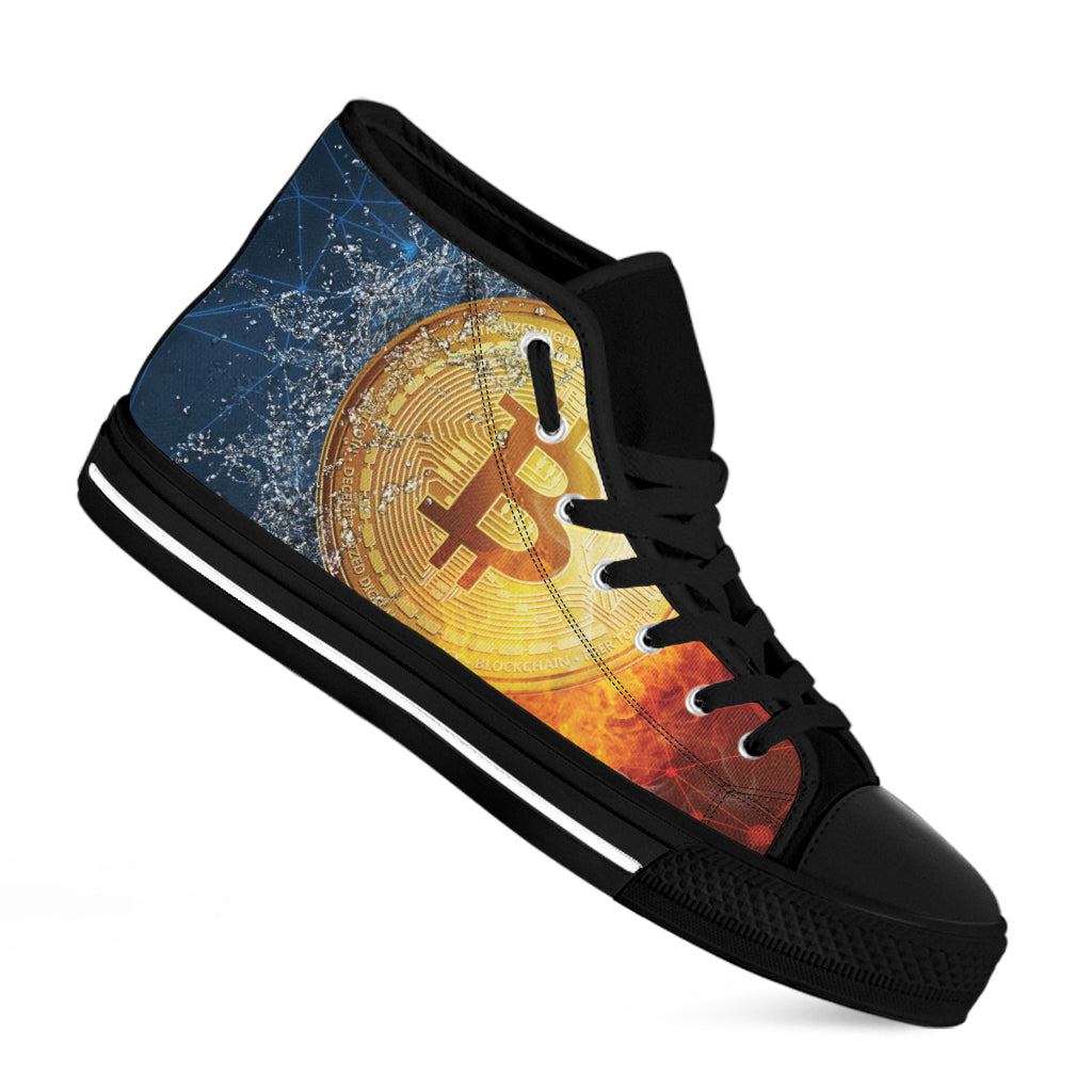 Fire And Water Bitcoin Print Black High Top Shoes