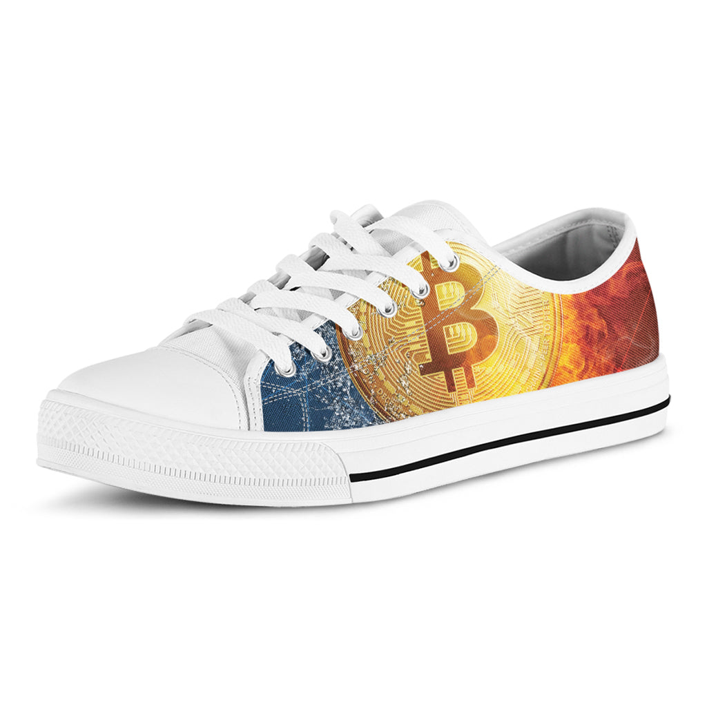Fire And Water Bitcoin Print White Low Top Shoes