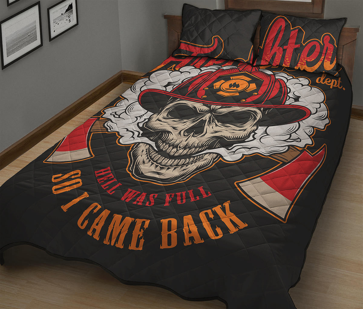 Firefighter Department Skull Print Quilt Bed Set