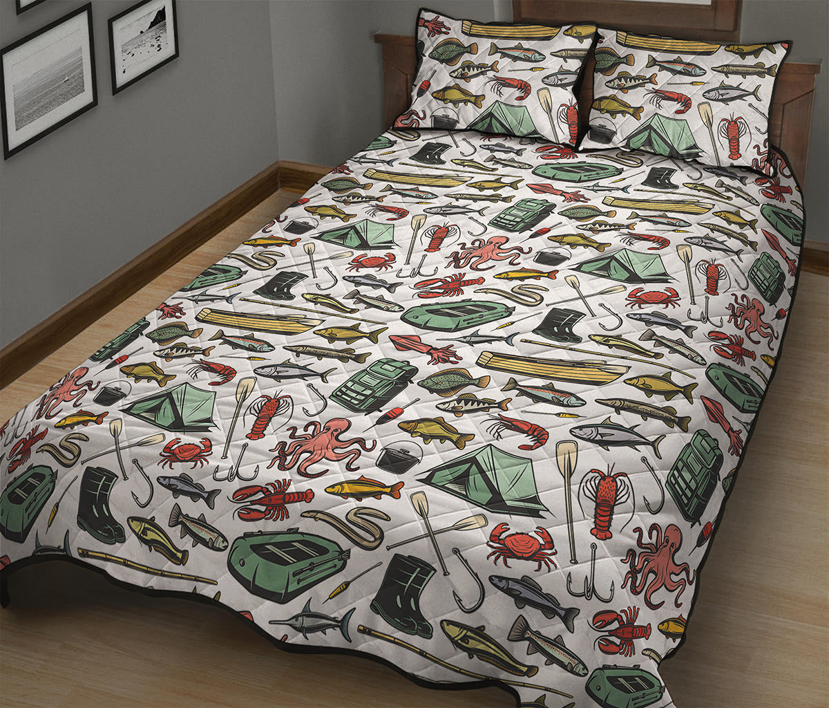 Fishing Equipment Pattern Print Quilt Bed Set