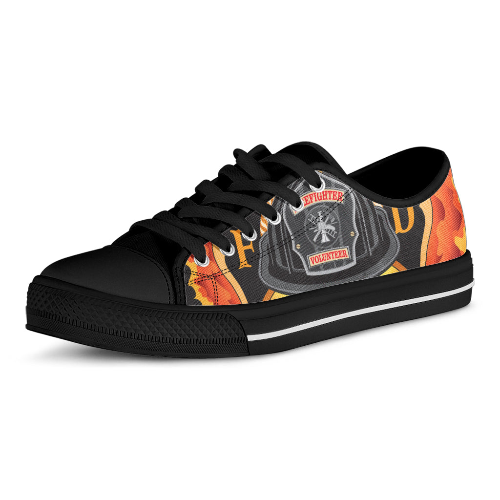 Flaming Firefighter Emblem Print Black Low Top Shoes