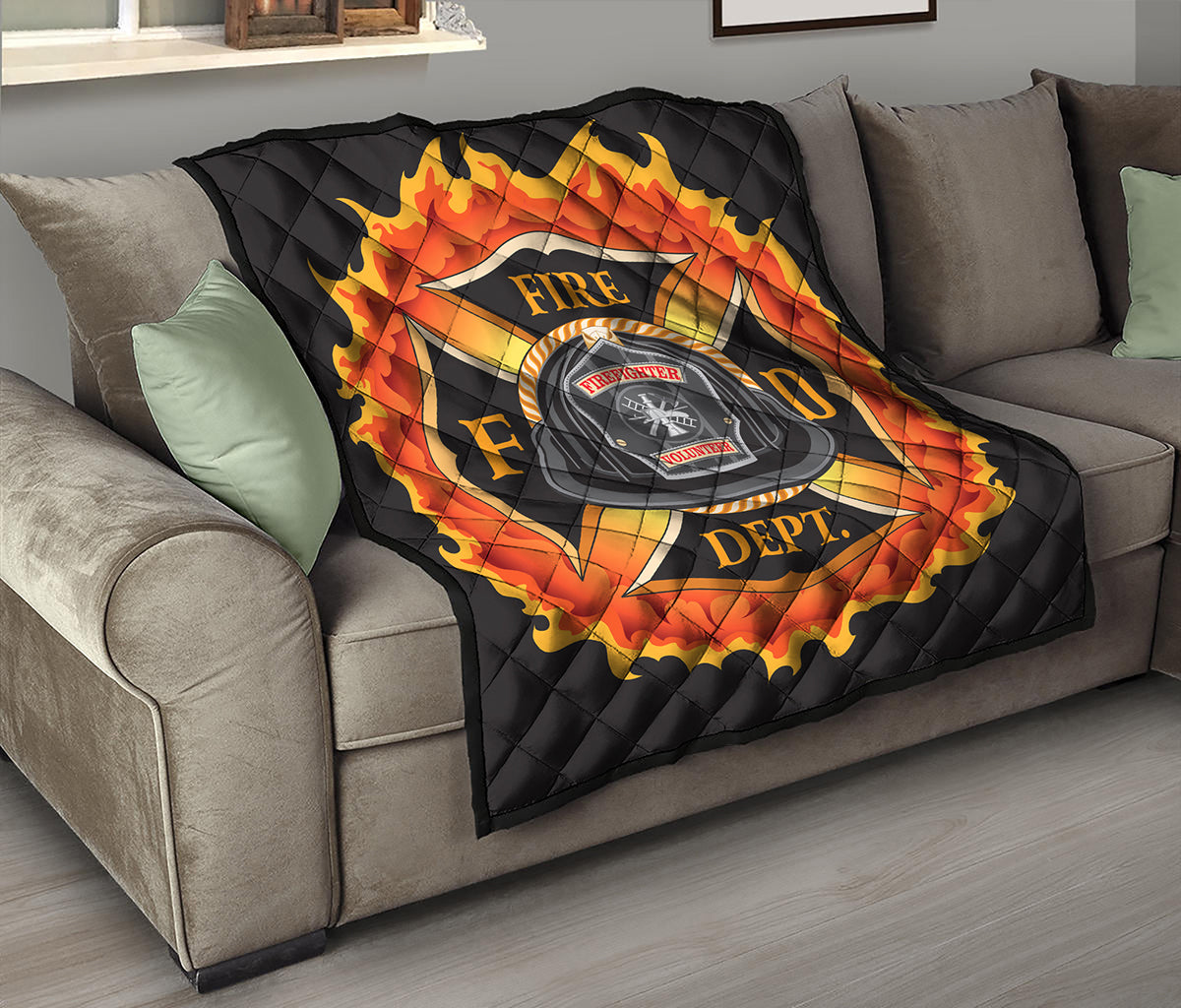 Flaming Firefighter Emblem Print Quilt