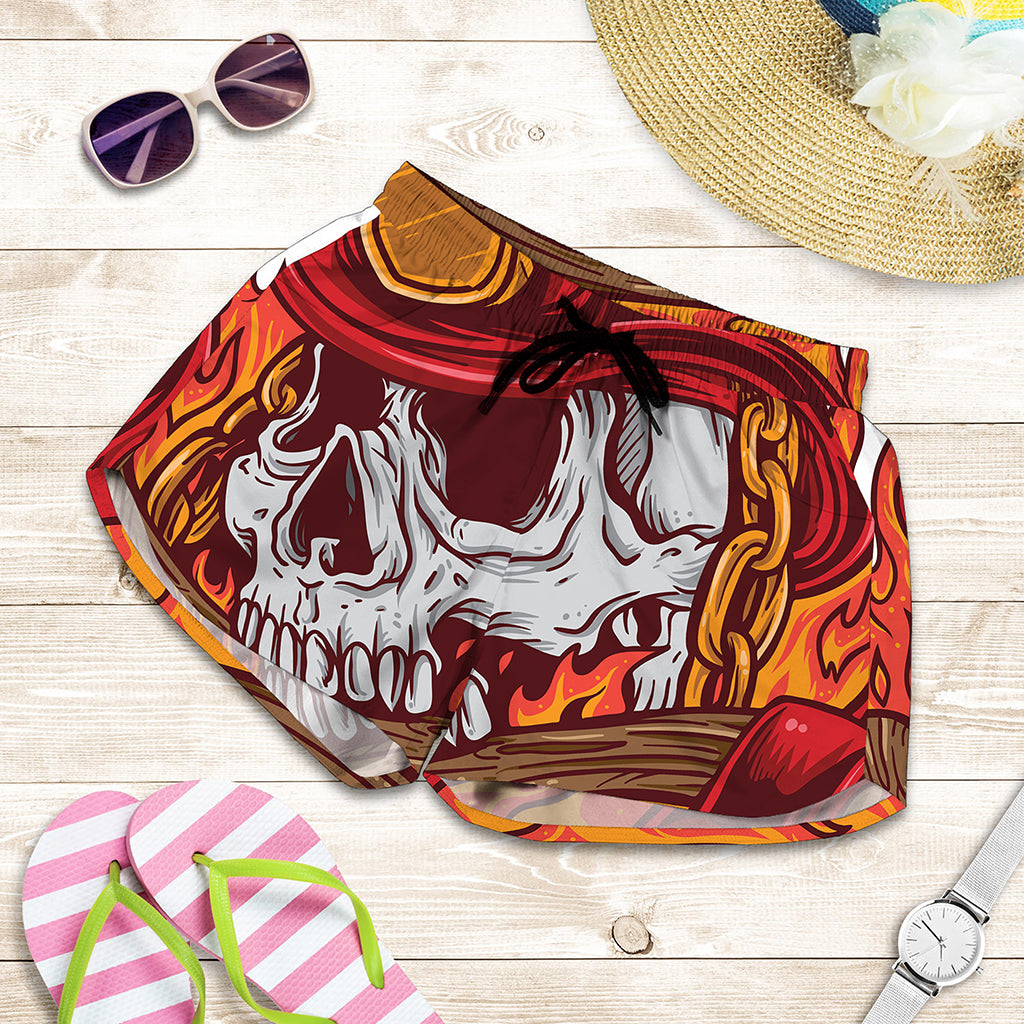 Flaming Firefighter Skull Print Women's Shorts