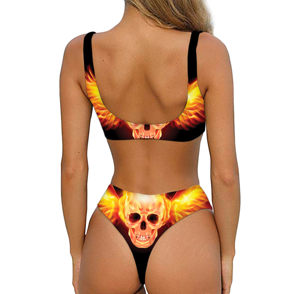 Flaming Skull With Fire Wings Print Front Bow Tie Bikini