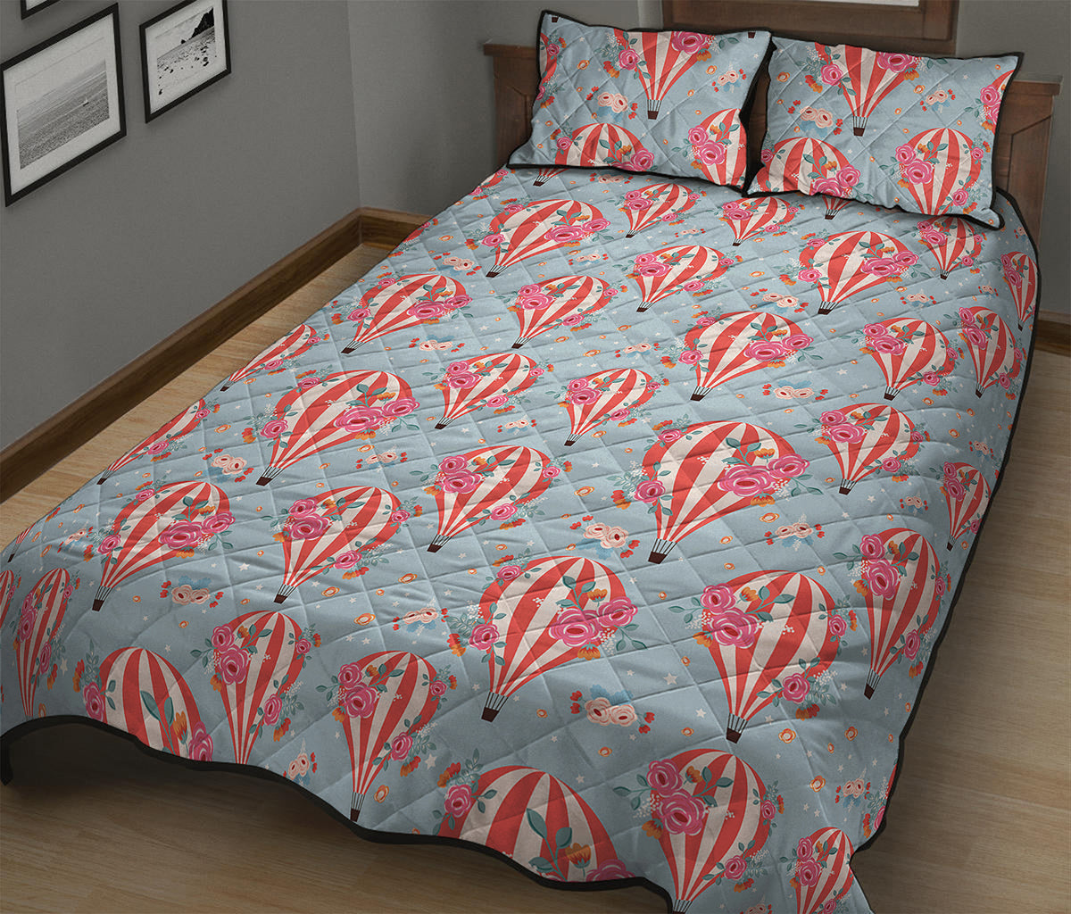 Floral Air Balloon Pattern Print Quilt Bed Set