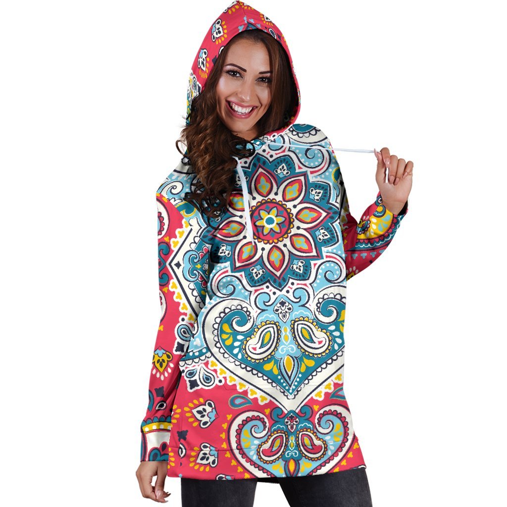 Floral Paisley Mandala Print Hoodie Dress GearFrost