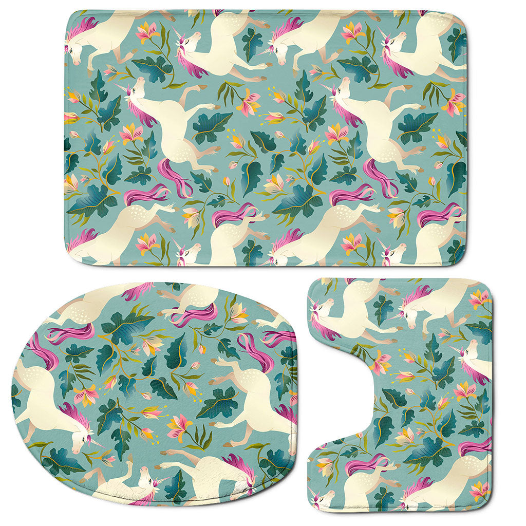 Floral Unicorn Pattern Print 3 Piece Bath Mat Set