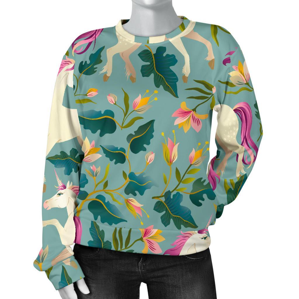 Floral Unicorn Pattern Print Women's Crewneck Sweatshirt GearFrost