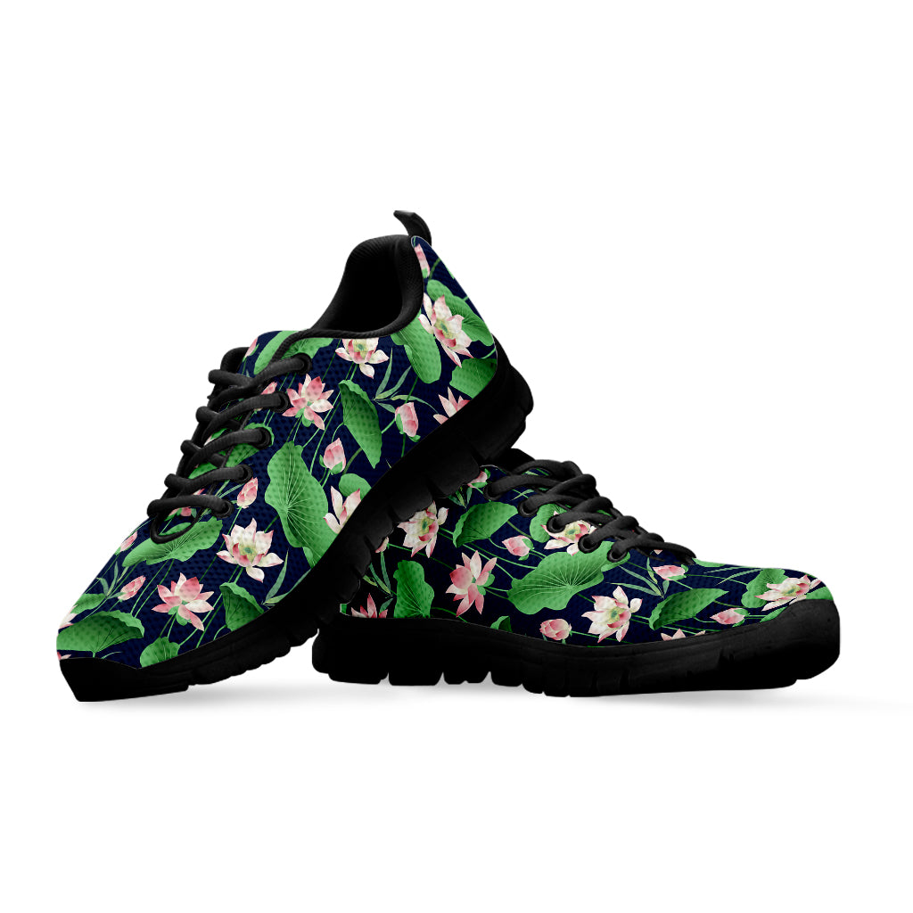 Flower And Leaf Lotus Pattern Print Black Sneakers