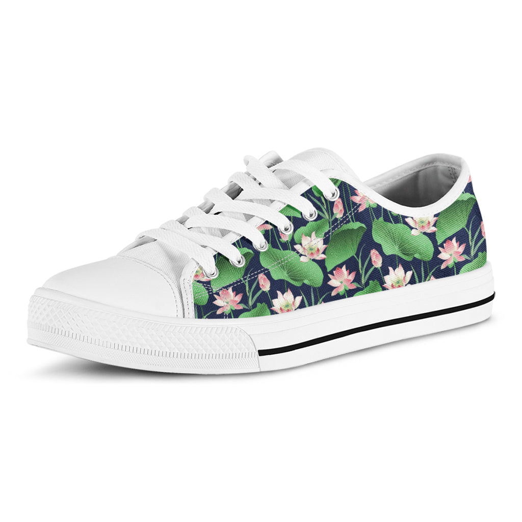 Flower And Leaf Lotus Pattern Print White Low Top Shoes