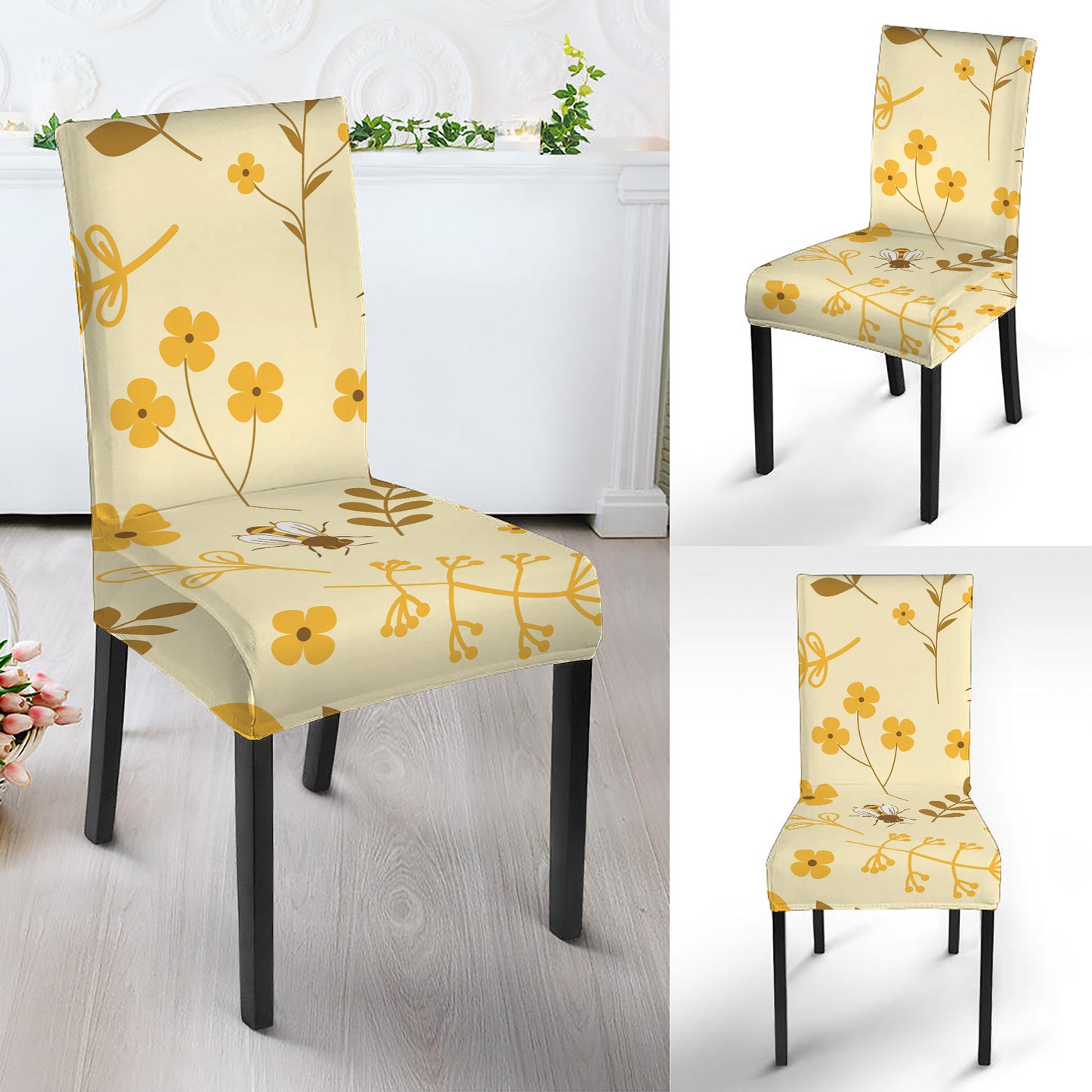 Flower Bee Pattern Print Dining Chair Slipcover