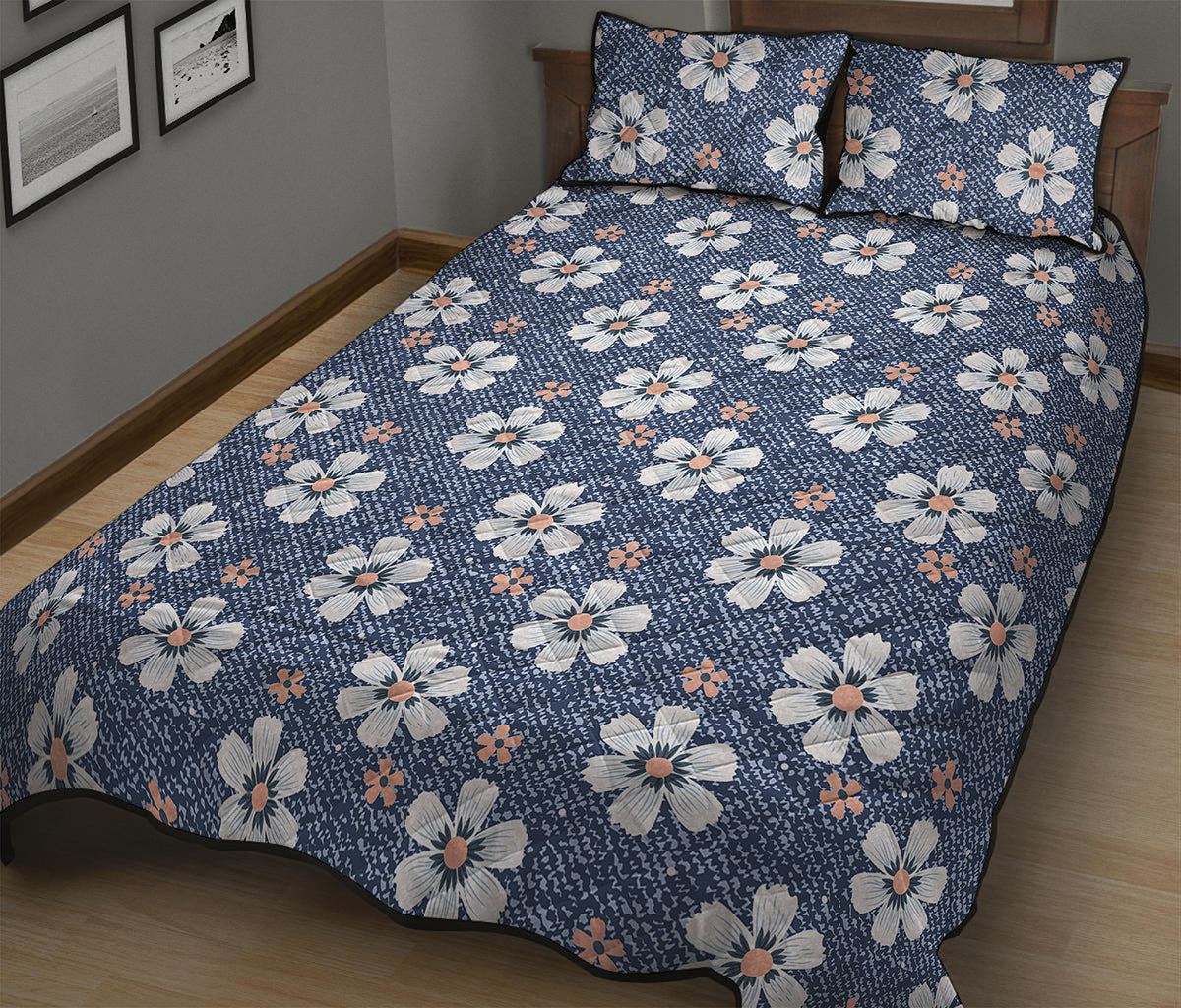 Flower Denim Jeans Pattern Print Quilt Bed Set