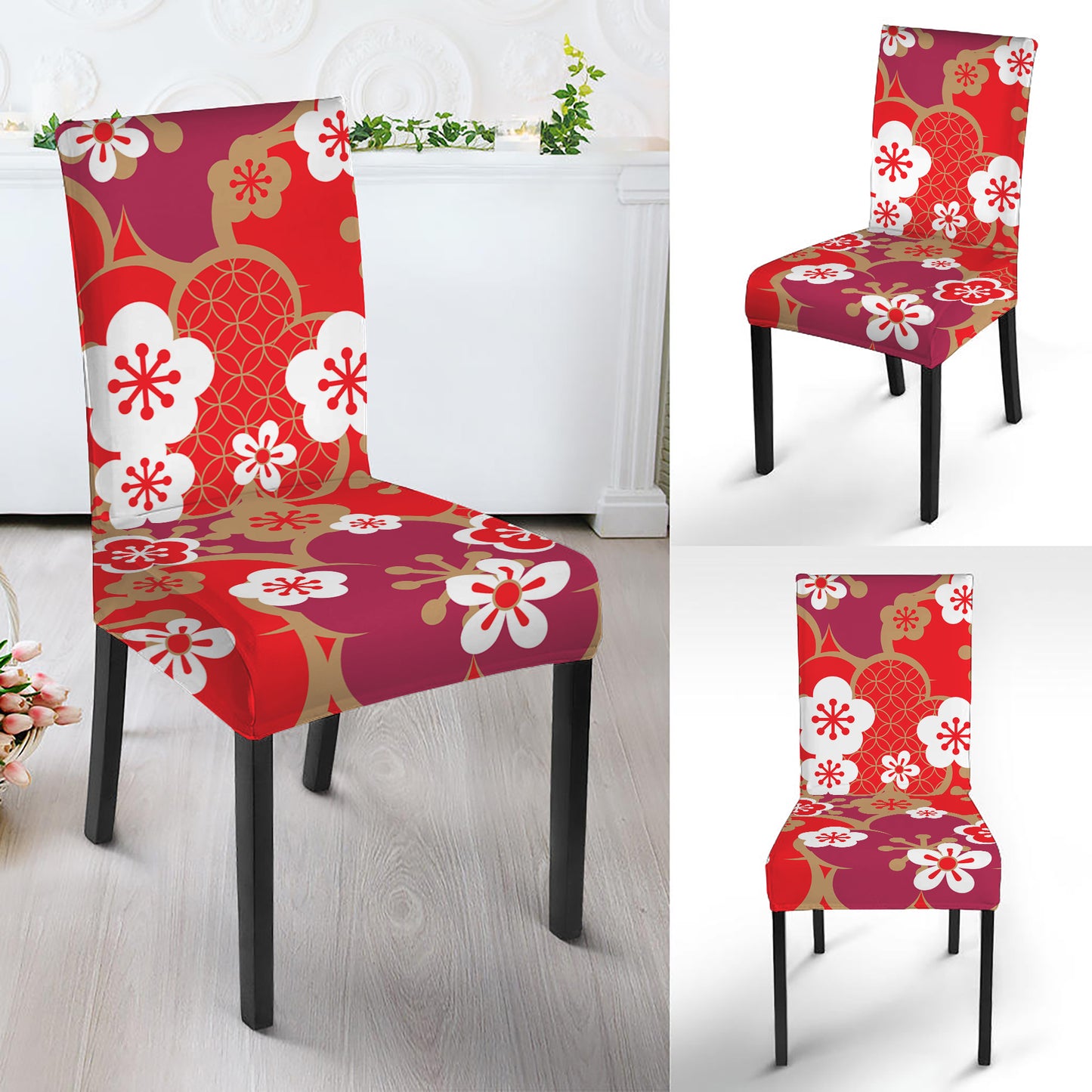 Flower Kimono Pattern Print Dining Chair Slipcover