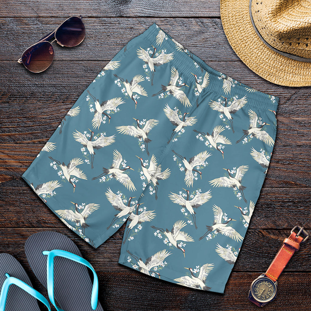 Flying Crane Bird Pattern Print Men's Shorts