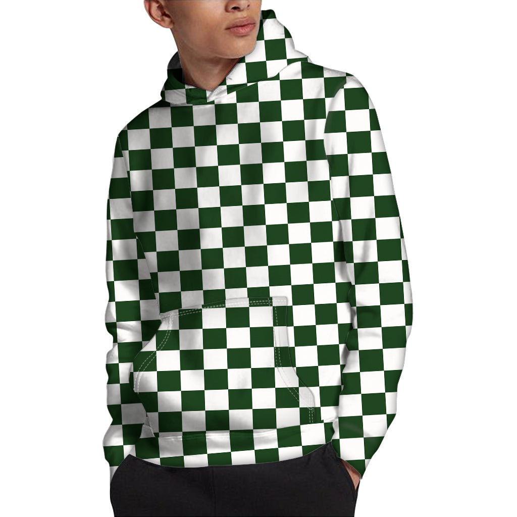 Forest Green And White Checkered Print Pullover Hoodie