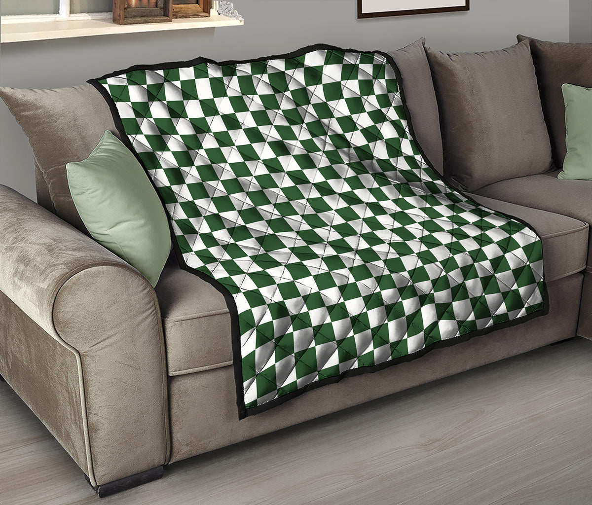 Forest Green And White Checkered Print Quilt