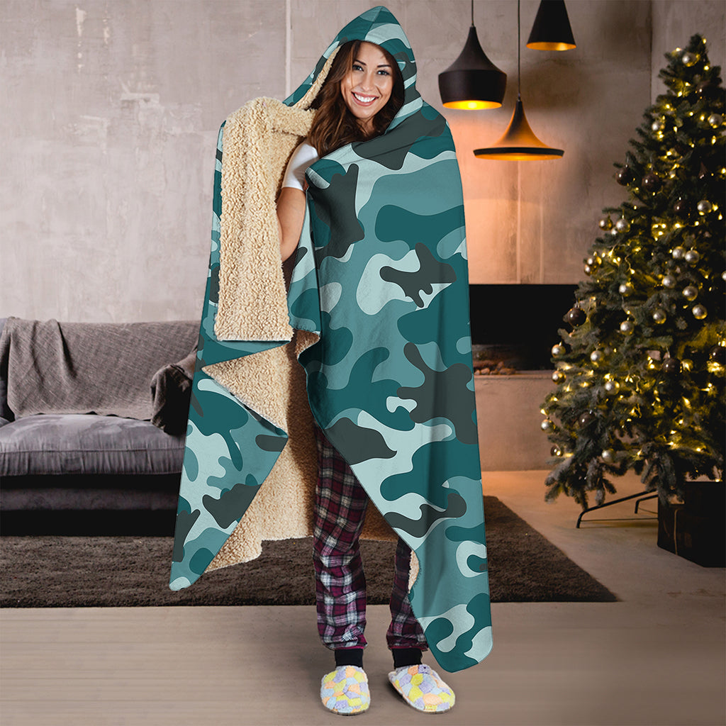 Forest Green Camouflage Print Hooded Blanket