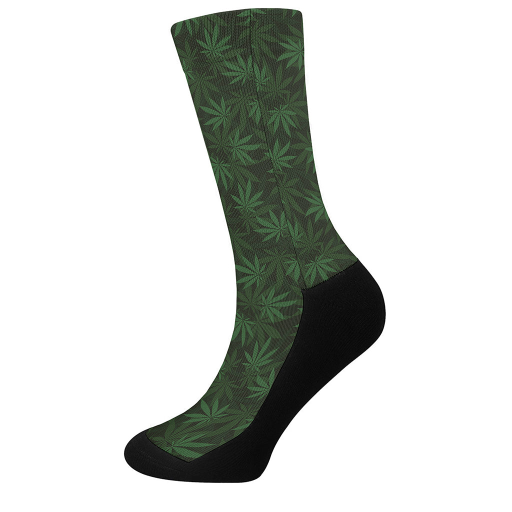 Forest Green Cannabis Leaf Print Crew Socks
