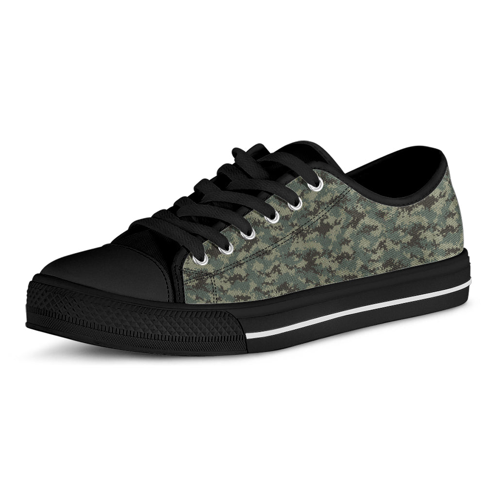 Forest Green Digital Camo Pattern Print Black Low Top Shoes