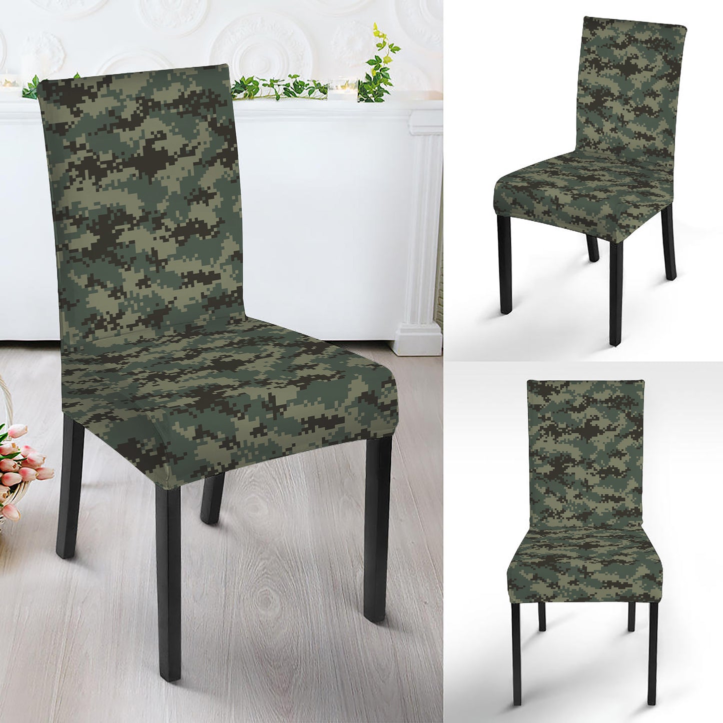 Forest Green Digital Camo Pattern Print Dining Chair Slipcover