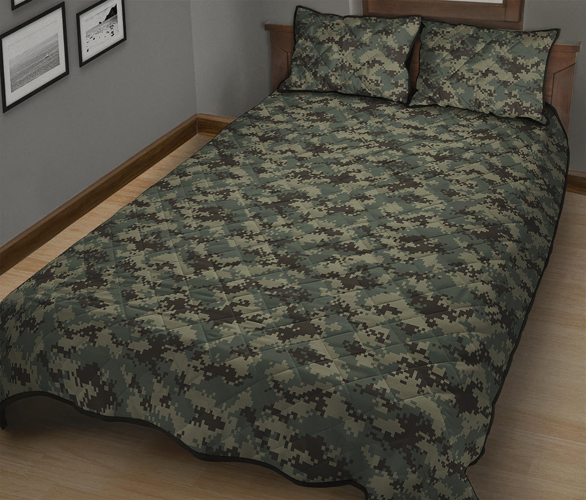 Forest Green Digital Camo Pattern Print Quilt Bed Set