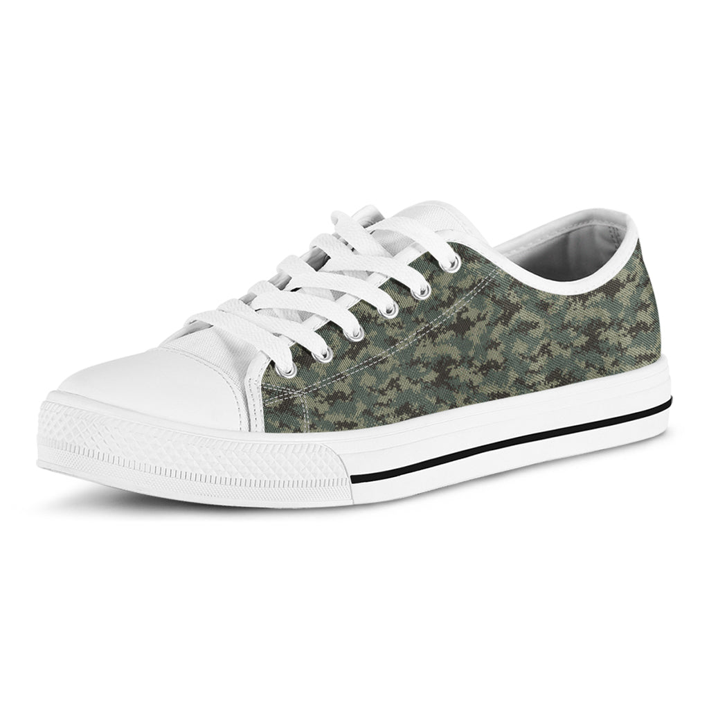 Forest Green Digital Camo Pattern Print White Low Top Shoes