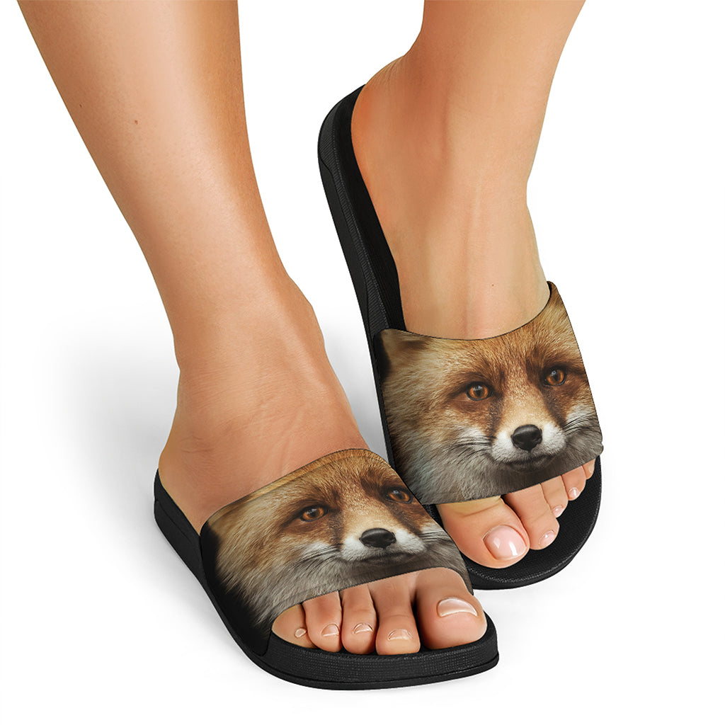 Fox Portrait Print Black Slide Sandals