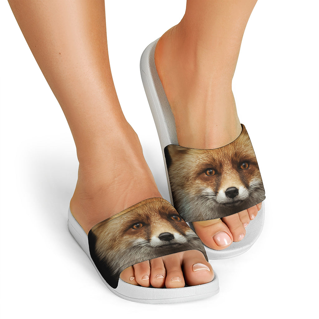 Fox Portrait Print White Slide Sandals