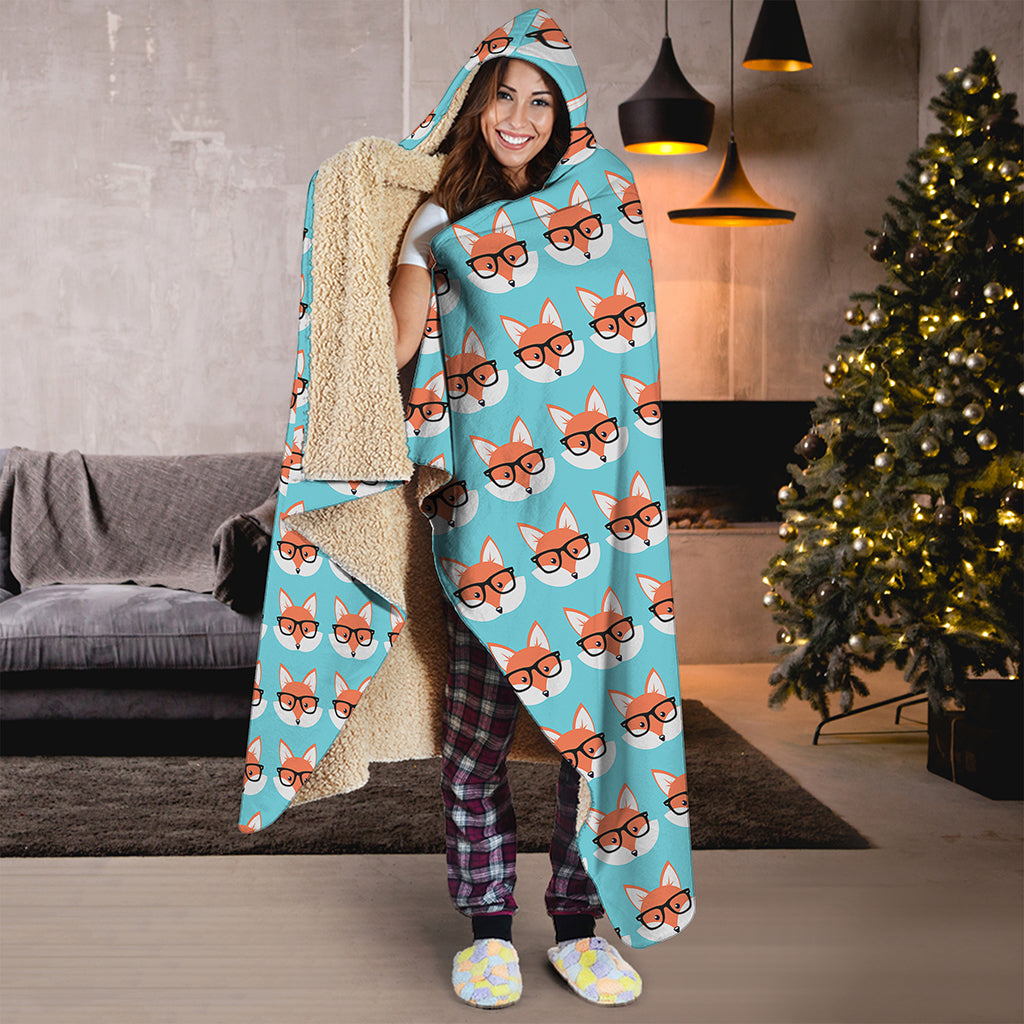 Fox With Glasses Pattern Print Hooded Blanket