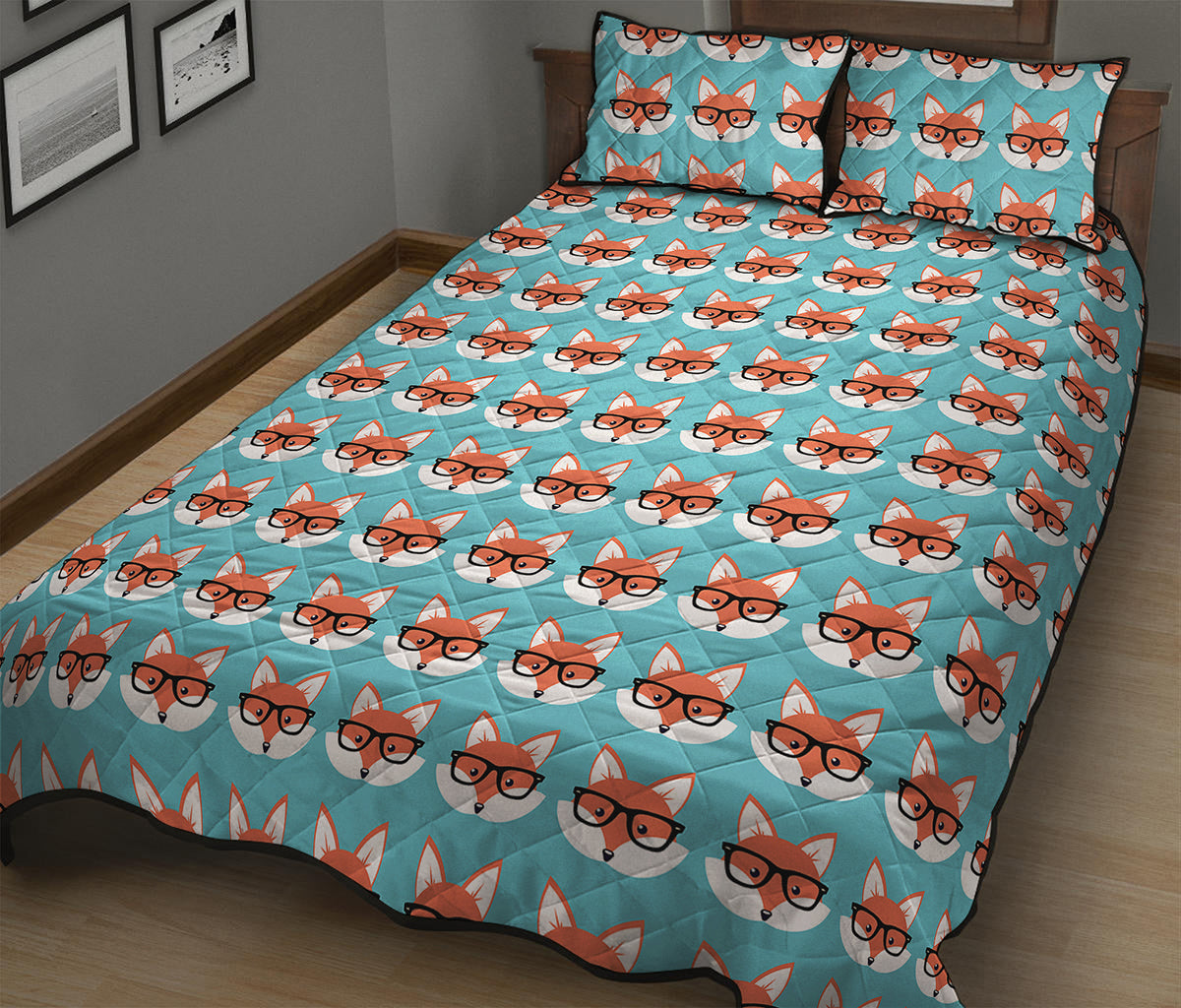 Fox With Glasses Pattern Print Quilt Bed Set