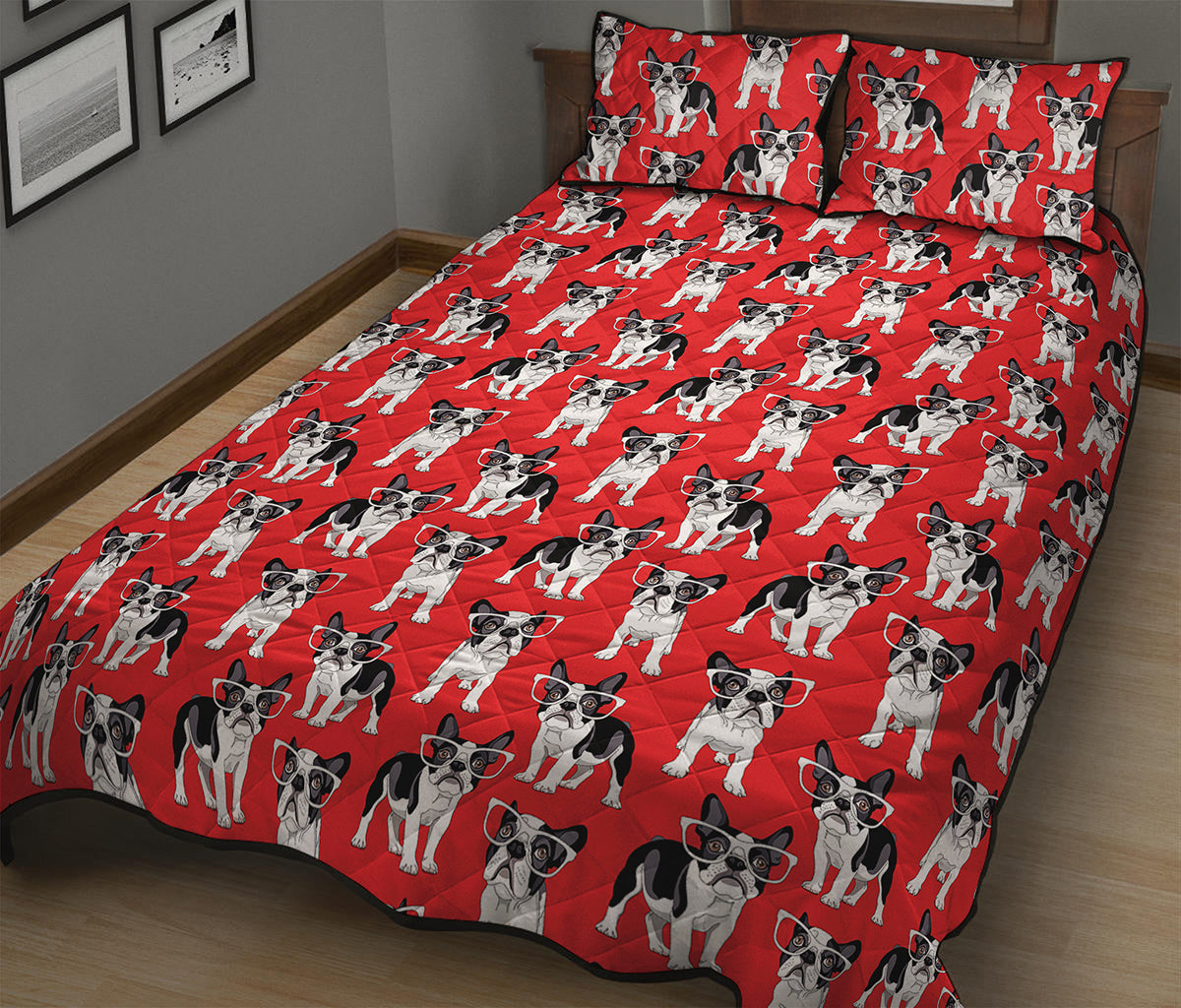 French Bulldog With Glasses Print Quilt Bed Set