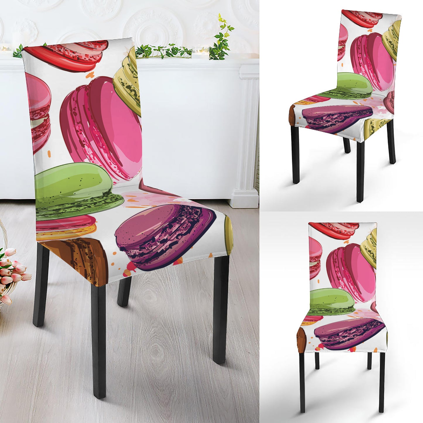 French Macaron Pattern Print Dining Chair Slipcover