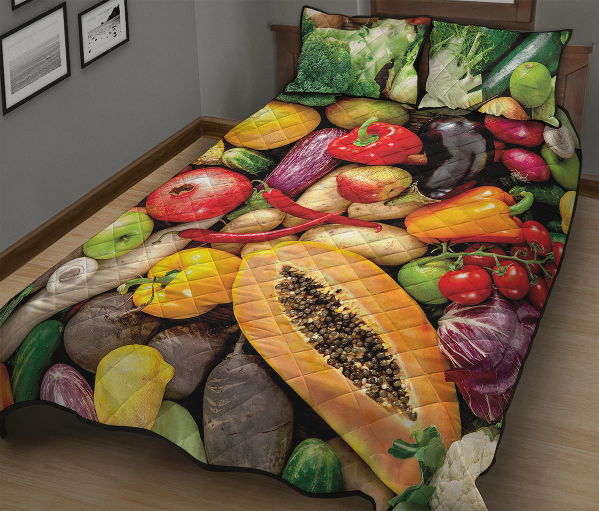 Fresh Fruits And Vegetables Print Quilt Bed Set