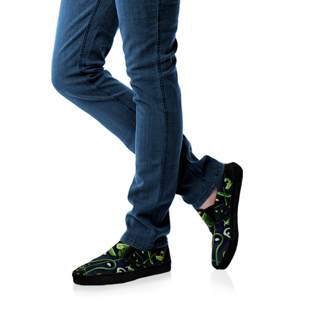 Fresh Green Fruit And Vegetables Print Black Slip On Shoes